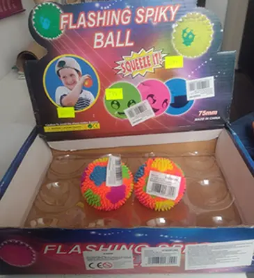 Foto aus der offiziellen Meldung: Flashing Spiky Ball Kunststoffkugel — Risiko: Ersticken (A12/00664/23)