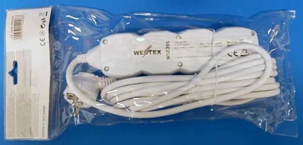 Photo from the official notice: WERTEX Extension  Cord / Hálózati elosztó extension lead — burns & fire risk (A11/00038/23)