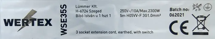 Photo from the official notice: WERTEX Extension  Cord / Hálózati elosztó extension lead — burns & fire risk (A11/00038/23)