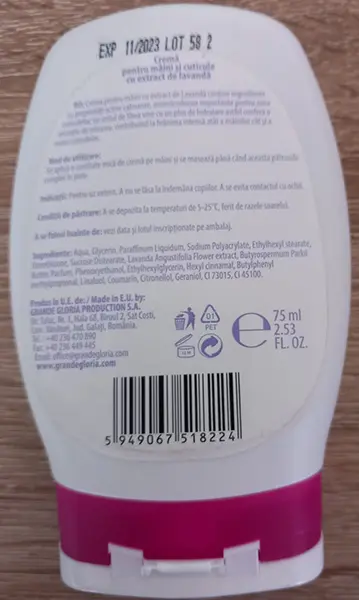 Photo from the official notice: Senzate Crema pentru maini si cuticule (Hand and cuticles cream) hand cream — chemical risk
