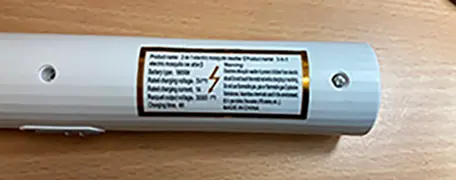 Photo from the official notice: Two In one 2-in-1 electric mosquito swatter electrical mosquito killer — chemical & environment risk