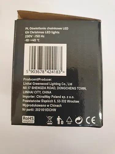 Foto do aviso oficial: Lampki choinkowe Corrente de iluminação — risco: Choque elétrico & Incêndio (A12/00970/23)