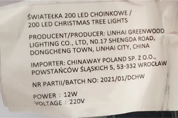 Foto do aviso oficial: Lampki choinkowe Corrente de iluminação — risco: Choque elétrico & Incêndio (A12/00969/23)