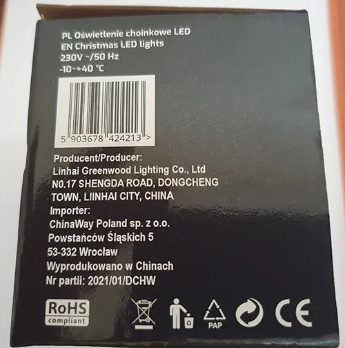 Foto do aviso oficial: Lampki choinkowe Corrente de iluminação — risco: Choque elétrico & Incêndio (A12/00967/23)