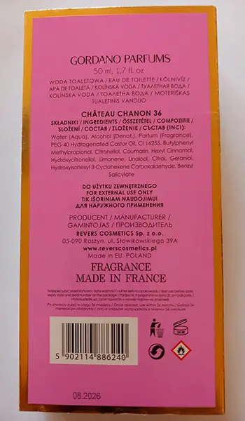 Photo de l’avis officiel: GORDANO PARFUMS Chateau Chanon 36 Eau de toilette — risque: Risque chimique