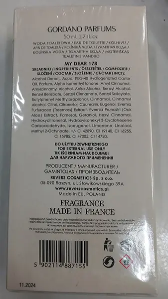 Foto dell’avviso ufficiale: GORDANO PARFUMS My Dear 178 Eau de toilette — rischio: Rischio chimico (A12/01020/23)