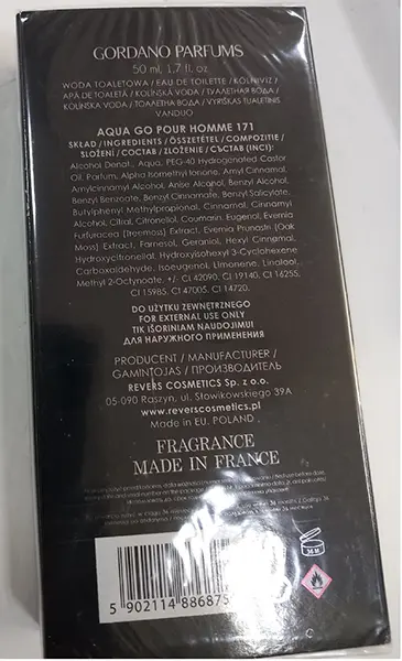 Photo from the official notice: GORDANO PARFUMS Let's Go Aqua Vita Perfecto / Aqua Go Pour Home 171 eau de toilette — chemical risk