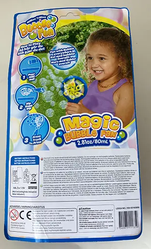 Photo de l’avis officiel: Bubbel fun Magic bubble fan Jouet à bulles de savon — risque: Risque chimique & Environnement