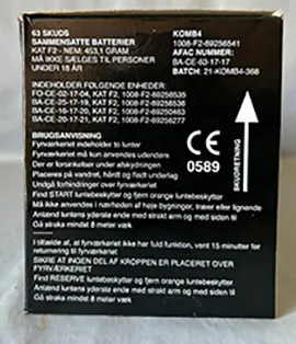 Photo from the official notice: AFAC (Aalborg Fyrværkerifabrik ApS) AALBORG 63 skuds sammensatte batterier fireworks — burns & damage to hearing risk