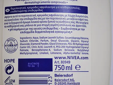 Photo de l’avis officiel: Nivea Care &amp; Diamond Crème de bain — risque: Risque chimique