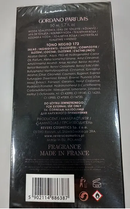 Photo de l’avis officiel: GORDANO PARFUMS Tono Negro 173 Eau de toilette — risque: Risque chimique