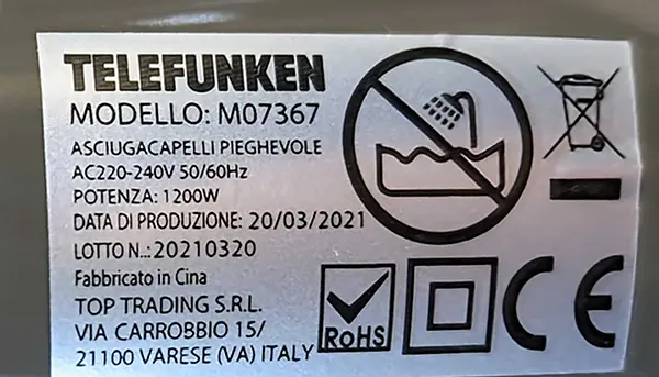 Photo de l’avis officiel: Telefunken Sèche-cheveux — risque: Choc électrique