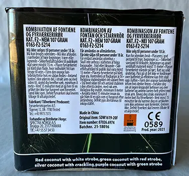 Photo de l’avis officiel: Fyrværkerieksperten a/s Mesterens Batteri Artifices — risque: Brûlures & Dommages à la vue