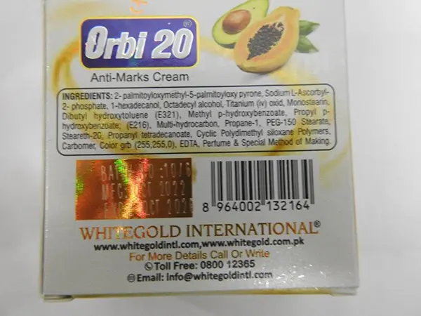 Foto do aviso oficial: Orbi 20 Anti marks cream Creme para clarear a pele — risco: Químico
