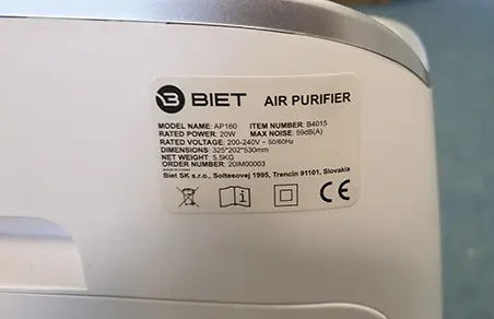 Foto do aviso oficial: BIET Air Purifier AP 160 Purificador de ar — risco: Choque elétrico