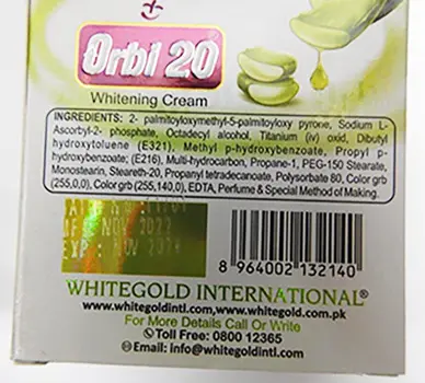 Foto dell’avviso ufficiale: Orbi 20 Whitening cream Crema schiarinte per la pelle — rischio: Rischio chimico
