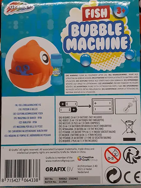 Photo de l’avis officiel: Grafix Fish bubble machine Jouet à bulles de savon — risque: Risque chimique