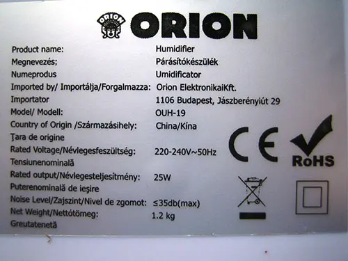 Foto aus der offiziellen Meldung: Orion Ultrasonic humidifier / Ultrahagos párásító Luftbefeuchter — Risiko: Mikrobiologisches Risiko