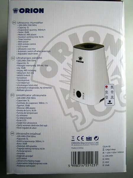 Foto aus der offiziellen Meldung: Orion Ultrasonic humidifier / Ultrahagos párásító Luftbefeuchter — Risiko: Mikrobiologisches Risiko