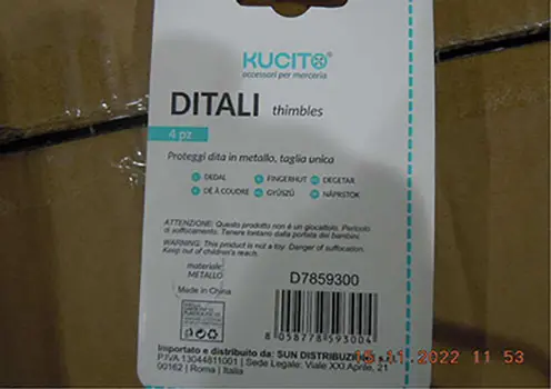Photo de l’avis officiel: KUCITO DITALI KUCITO DITALI Coudre thimble — risque: Risque chimique