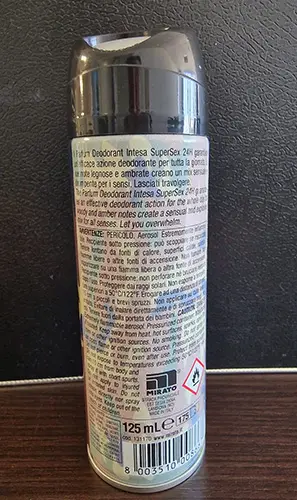 Foto uit de officiële melding: INTESA Intesa Parfum Deodorant Spray super sex Deodorantspray — risico: Chemische risico's