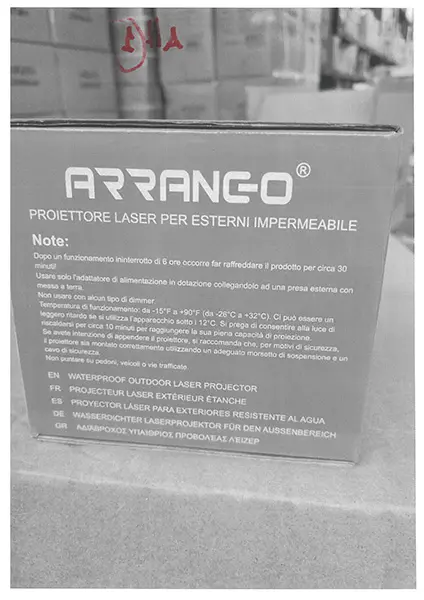 Foto uit de officiële melding: Arrango Proiettori per esterni laser impermeabile Buitenlaserprojectoren — risico: Aantasting van het gezichtsvermogen