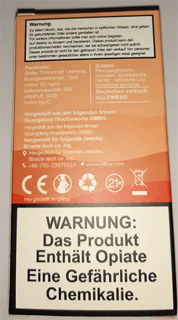 Photo from the official notice: Elf bar ELF BAR BC5000 Disposable Pod, 2% nicotine disposable electronic cigarette — chemical risk