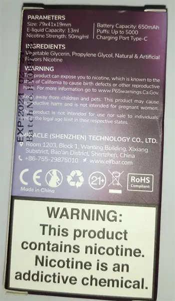 Photo from the official notice: Elf bar ELF BAR BC5000ULTRA Disposable Pod disposable electronic cigarette — chemical risk