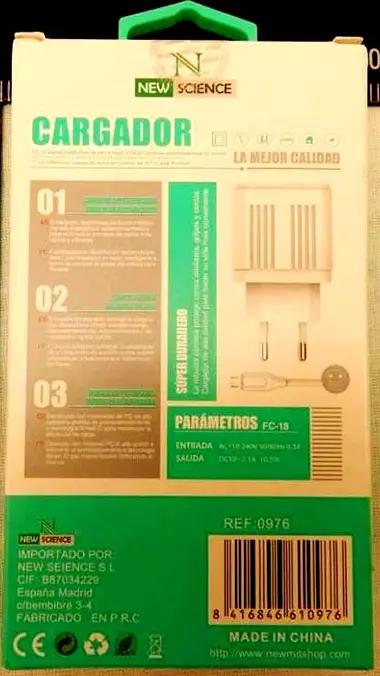 Photo de l’avis officiel: NEW SCIENCE HIGH QUALITY CHARGER (CARGADOR) Chargeur USB — risque: Choc électrique