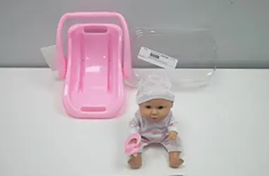 Photo from the official notice: Toys Amsterdam Playset baby doll 21cm with car seat 23cm, pink plastic doll — strangulation risk