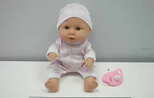 Photo from the official notice: Toys Amsterdam Playset baby doll 21cm with car seat 23cm, pink plastic doll — strangulation risk