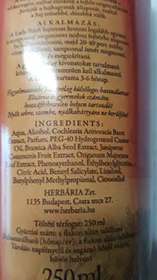Foto uit de officiële melding: Herbária Lady Bánfy hajszesz Haarverzorging tonic — risico: Chemische risico's