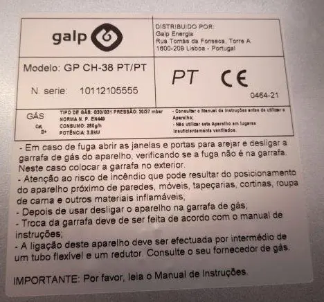 Photo de l’avis officiel: GALP Aquecedor Painel de Vidro (Gas heater) Chauffage au gaz — risque: Brûlures