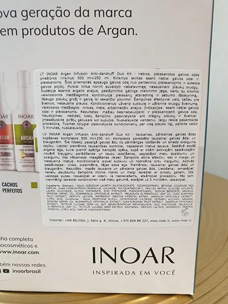 Foto dell’avviso ufficiale: INOAR Argan Infusion Shampoo per capelli e balsamo — rischio: Rischio chimico