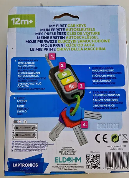 Foto aus der offiziellen Meldung: Laptronics Junior / Eldohm My First Car Keys / Mijn eerste autosleutels Spielzeug Autoschlüssel — Risiko: Ersticken