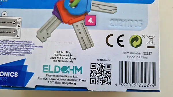Foto aus der offiziellen Meldung: Laptronics Junior / Eldohm My First Car Keys / Mijn eerste autosleutels Spielzeug Autoschlüssel — Risiko: Ersticken