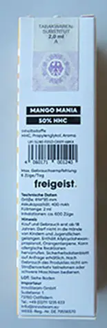 Foto uit de officiële melding: freigeist. 50% HHC Mango Mania, Cactus Kush, Lemon OG, Grape Stuff, Sugar Rush Elektronische sigaret voor eenm — risico: Chemische risico's