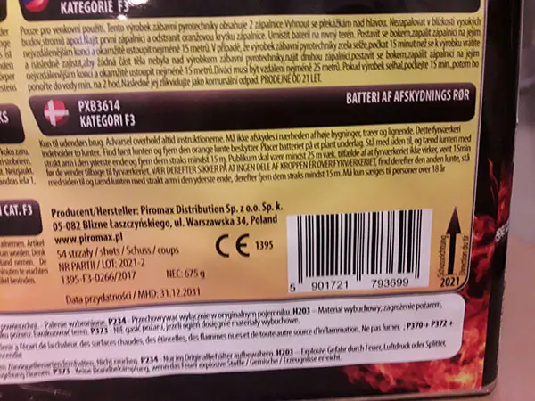 Photo from the official notice: Piromax VIRUS fireworks — burns & fire risk