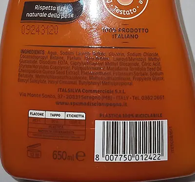 Photo from the official notice: SPUMA DI SCIAMPAGNA Vellutante Olio di Macadamia e Quinoa -  Rigenerante Ametista e Orchidea bath and shower c — chemical risk