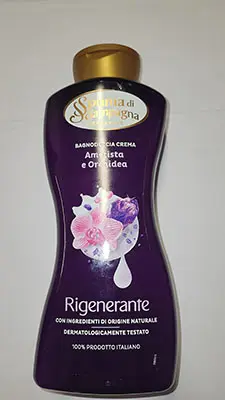 Photo from the official notice: SPUMA DI SCIAMPAGNA Vellutante Olio di Macadamia e Quinoa -  Rigenerante Ametista e Orchidea bath and shower c — chemical risk