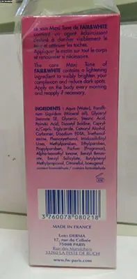 Photo de l’avis officiel: Fair &amp; White MAXI TONE LAIT ECLAIRCISSANT BRIGHTENING LOTION Lotion éclaircissante pour la peau — risque: Risque chimique
