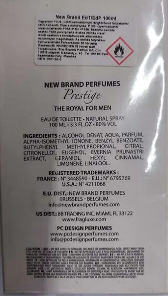 Photo de l’avis officiel: New Brand Perfumes Prestige the Royal Eau de toilette — risque: Risque chimique