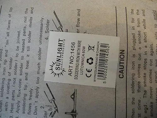 Foto do aviso oficial: Sunlight Soldering iron Ferro de soldar — risco: Choque elétrico