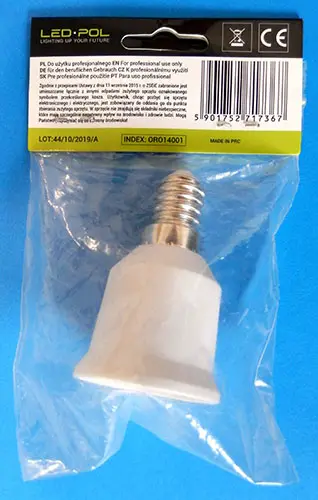 Photo de l’avis officiel: LED POL ORO-ADAPTER-E14/E27 Adaptateur de support de lampe — risque: Brûlures & Choc électrique