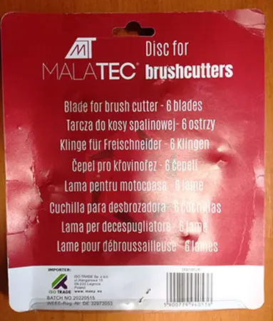 Foto aus der offiziellen Meldung: MALATEC Disc for brush cutters; Blade for brush cutter - 6 blades Aufsatz für Bürstenschneider — Risiko: Verletzungen