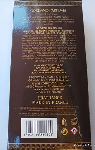 Foto dell’avviso ufficiale: GORDANO PARFUMS Scotch brand 151 Eau de toilette — rischio: Rischio chimico (A12/02449/23)