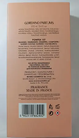Photo de l’avis officiel: GORDANO PARFUMS POMPEA Eau de toilette — risque: Risque chimique
