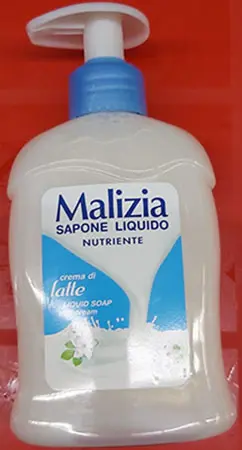Photo from the official notice: Malizia Sapone liquido con antibatterico tè verde e menta -  Sapone liquido nutriente crema di latte liquid so — chemical risk