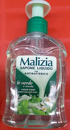 Photo from the official notice: Malizia Sapone liquido con antibatterico tè verde e menta -  Sapone liquido nutriente crema di latte liquid so — chemical risk