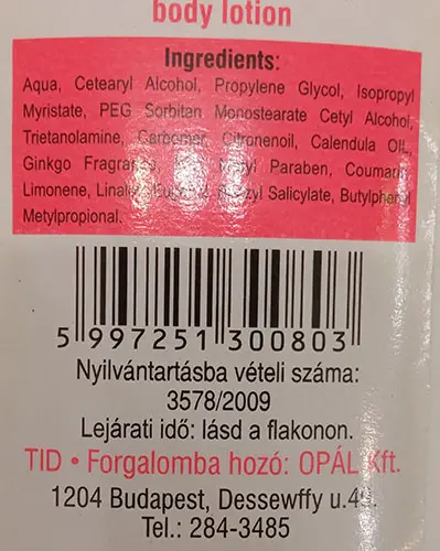 Foto aus der offiziellen Meldung: Cecília Cosmetics Testápoló Körömvirágos/ CALENDULA Body lotion Körperlotion — Risiko: Chemikalie